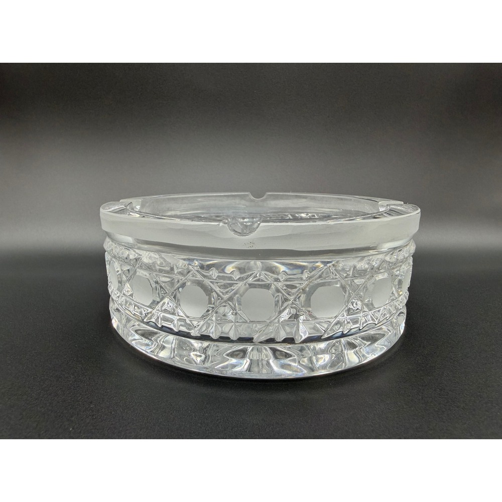 Vintage Cut Lead Crystal Round Ashtray Frosted Band Starburst Heavy Glass 6 Inch